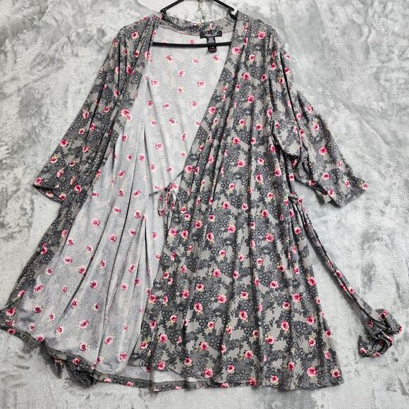 Rene Rofe Robe Womens XL Gray Pink Floral Lace Kimono Cami Top Lounge Casual 2pc - Picture 4 of 16